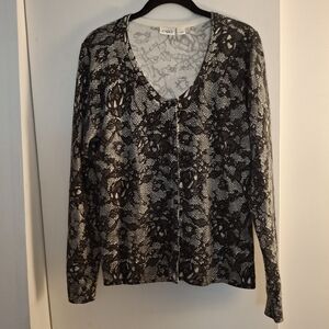 Cato Women's Black And White Patterned Button Down Cardigan Sweater